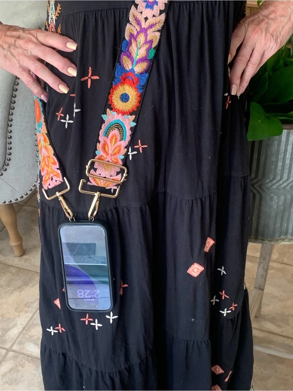 Embroidered Floral Strap - Black with Multicolor Embroidery for phone or bag